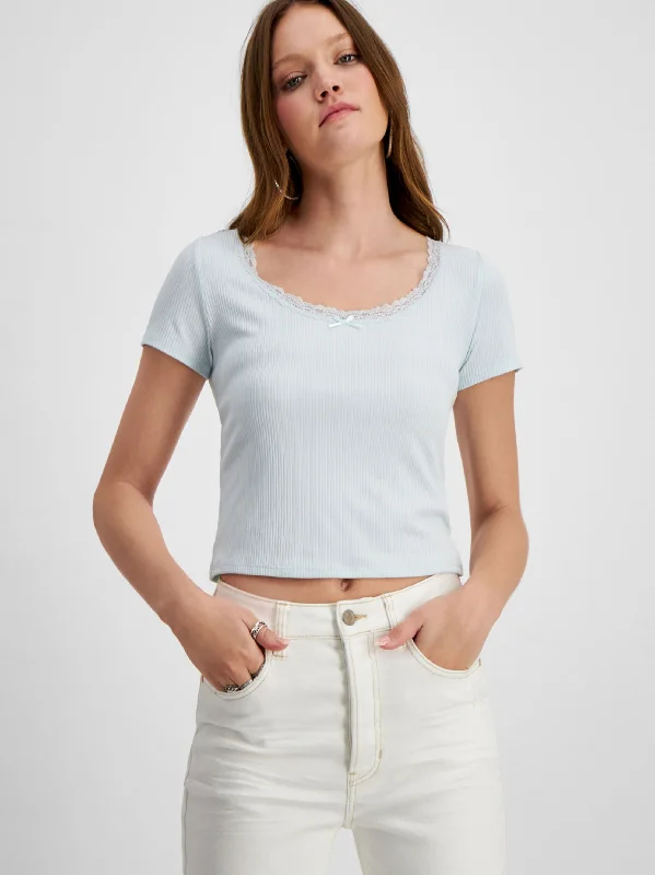 Women's Lace-Trimmed Ribbed Crop Top,Light Blue Print Jacquard Patchwork