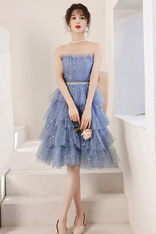 Blue tulle sequins short prom dress party dress 8676 Off-the-shoulder Bohemian Festive Blue tulle sequins short prom dress party dress 8676 Off-the-shoulder Bohemian Festive
