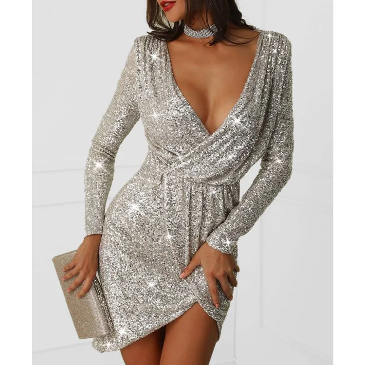 Sexy Deep V Neck Sequined Mini Party Dresses Tunics Sophisticated sleek