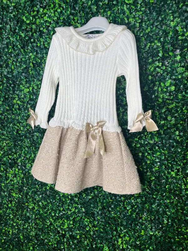 Made In Italy! Michelina Bimbi Girls' Drop Waist Knit Tweed Dress Crew Neckline Sporty