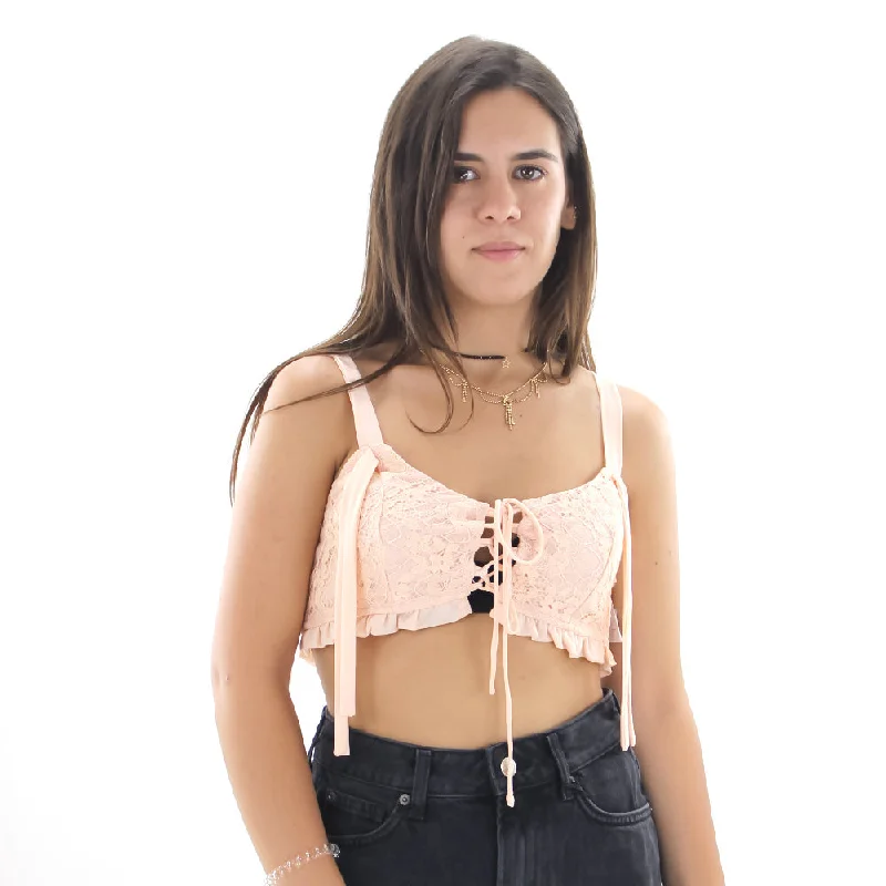 Women's Lace Crop Top With Ties,Peach Zippered Front Buttoned Front Snap Front