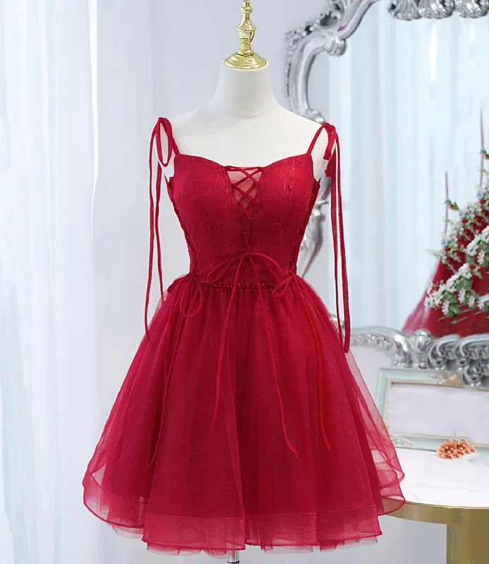 Burgundy tulle lace-up short prom dress party dress  10097 Tunics Essential wardrobe