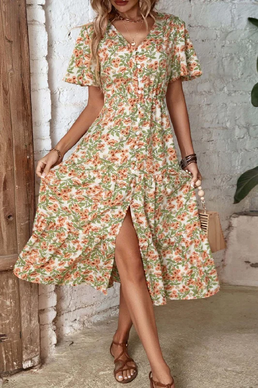 Floral V-Neck Front Slit Dress Tunics Silk luxurious