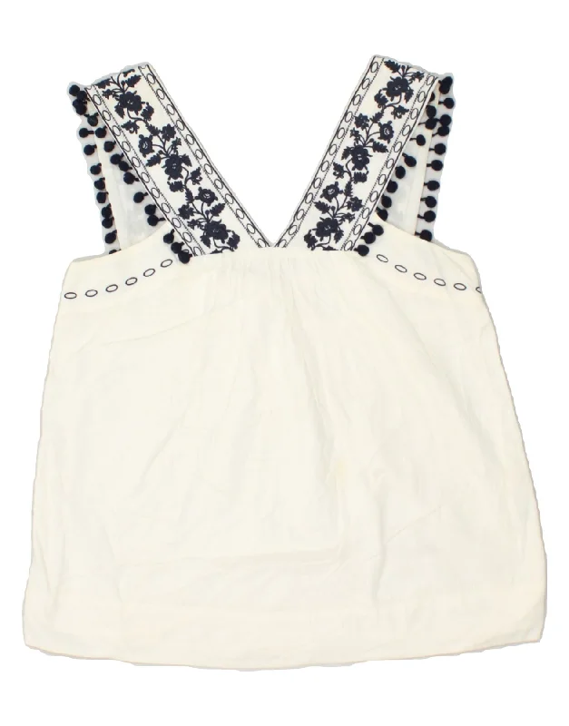 VINTAGE Womens Crop Top UK 12 Medium Off White Cotton Silk Blend Satin Velvet