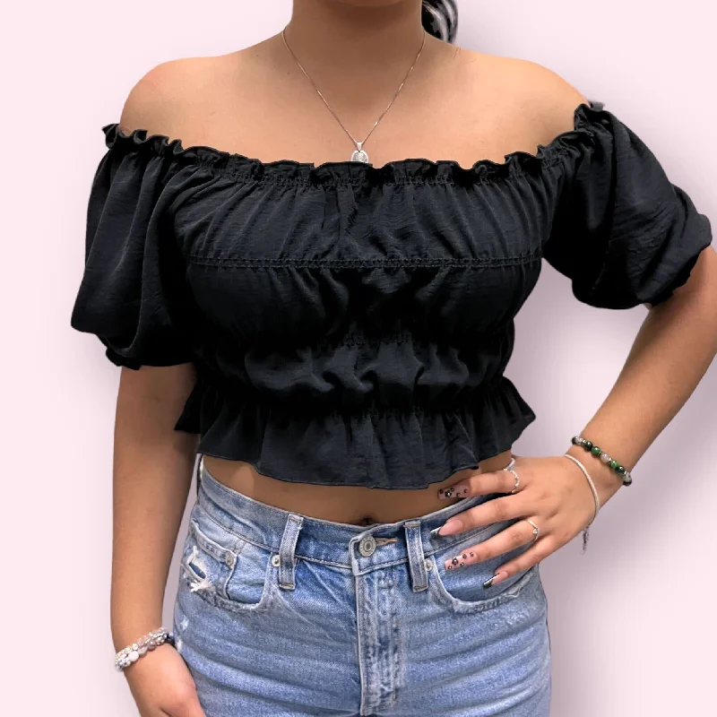 Airflow Smocked Crop Top FM 4011 Solid Print Embellished