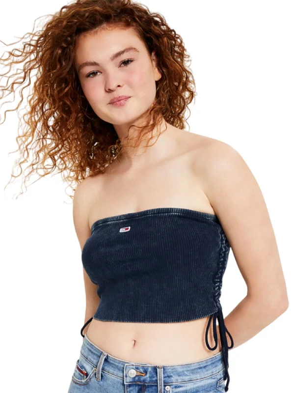 Women's Brand Logo Embroidered Side-Ruched Crop Top,Dark Blue Rayon Velvet Corduroy