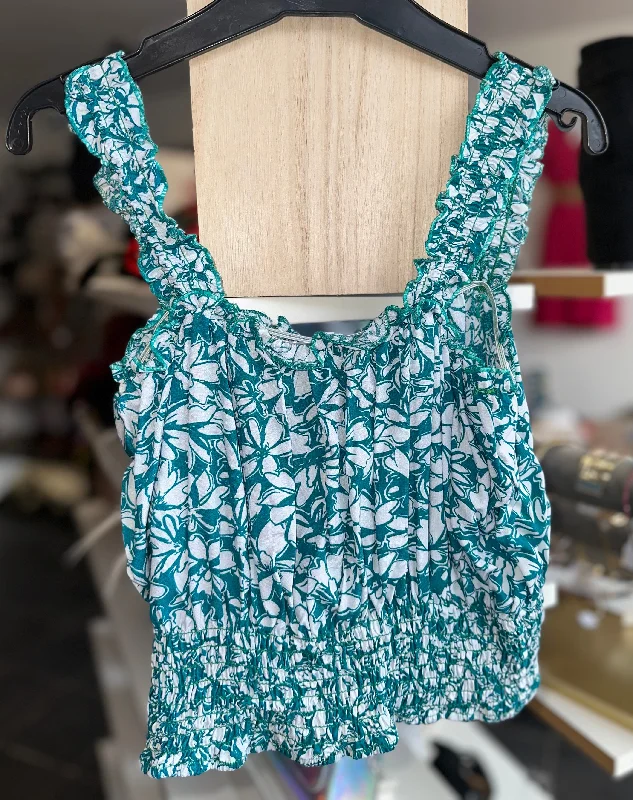 Teal floral shirred detail strappy crop top Satin Blend Silk Blend Wool Blend
