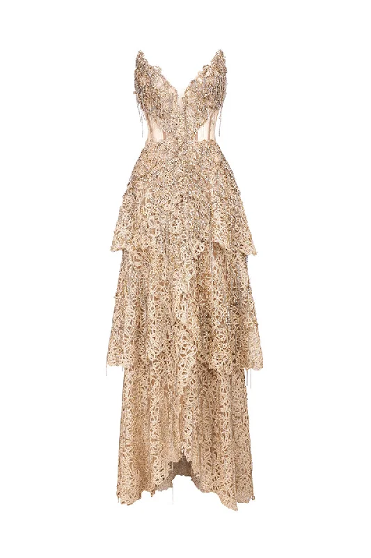DEEP GOLD VNECK CORSET DRESS WITH METALLIC BEAD EMBROIDERY AND PLAYFUL FRINGES Tunics Velvet soft
