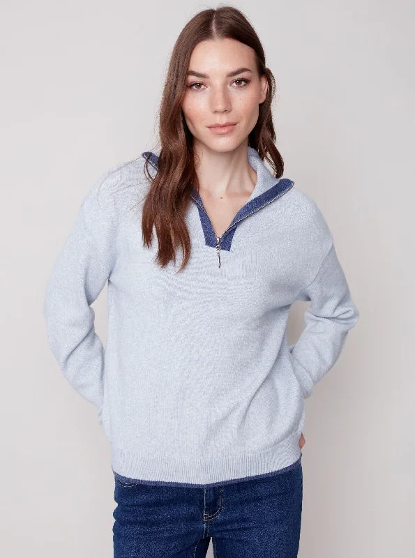 Quarter Zip Sweater [Snowflake-C2539] Zippered Buttoned Snapped