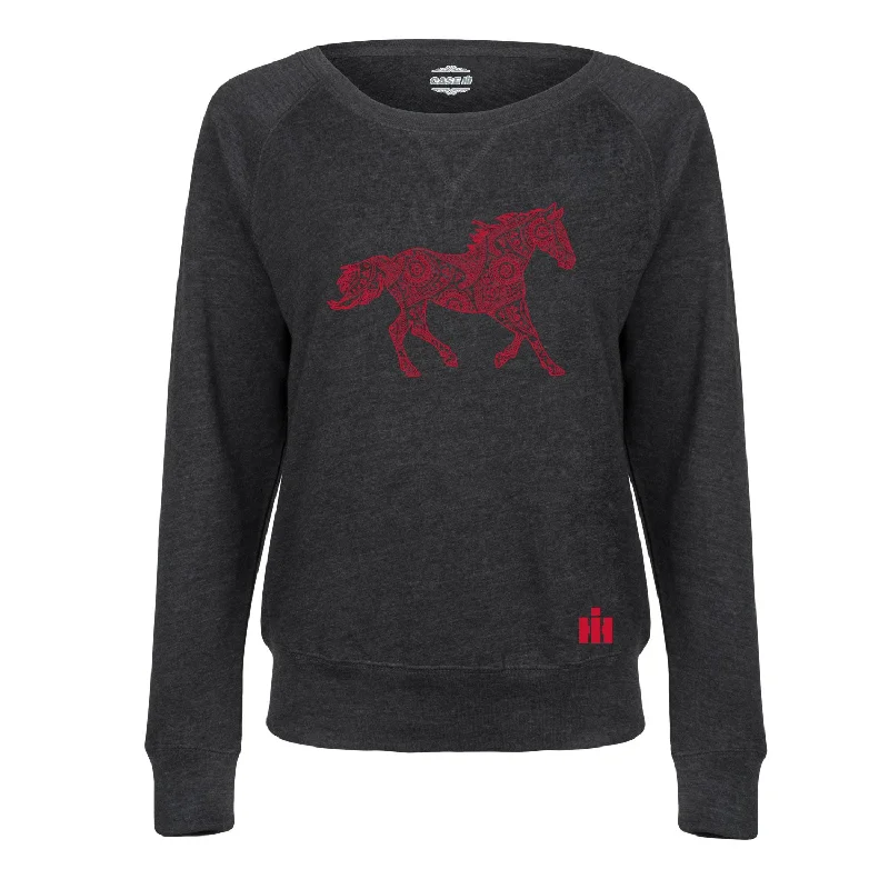 Red Paisley Horse IH™ Womens French Terry Pullover Three Quarter Sleeve