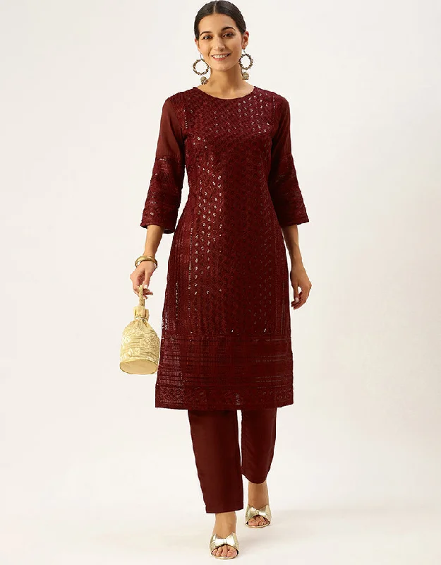 Sleek Rustic Red Chinon Silk Sequinned Kurta With Trousers Straight Design Pant Trousers Gym Athletic Sleek Rustic Red Chinon Silk Sequinned Kurta With Trousers Straight Design Pant Trousers Gym Athletic