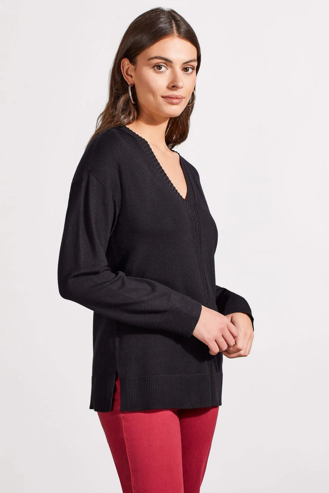 Long Sleeve V-Neck Sweater W Cables [Black-1924O] Welt Pockets Slit Pockets Flap Pockets