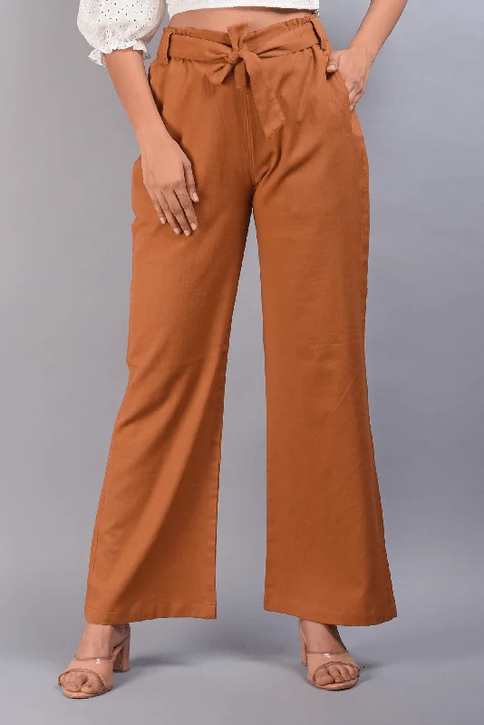 Brown Cotton Linen Wide Leg Trousers For Women Trousers luxurious premium