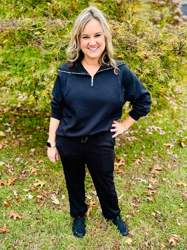 Black Quarter Zip Pullover and Jogger Set with Pockets Square Neck Pullover