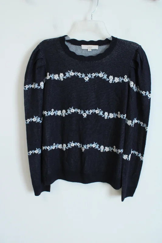 LOFT Navy Blue Floral Knit Sweater | L Chenille Brocade Lace