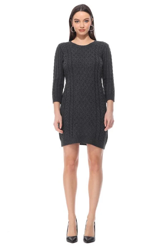 Blue Zone Planet | Round Neck Cable Knit Long Sleeve Sweater Dress Sweater Knitwear Pullover Blue Zone Planet | Round Neck Cable Knit Long Sleeve Sweater Dress Sweater Knitwear Pullover