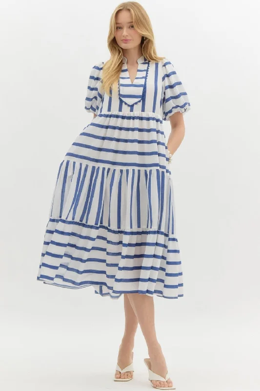 Striped Short Bubble Sleeve Pullover Dress dolman Sleeve Top