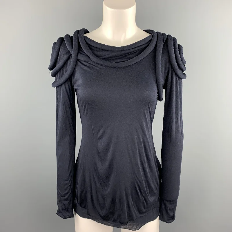 YIGAL AZROUEL Size S Navy Jersey Applique Viscose Pullover Plunging Neck Pullover