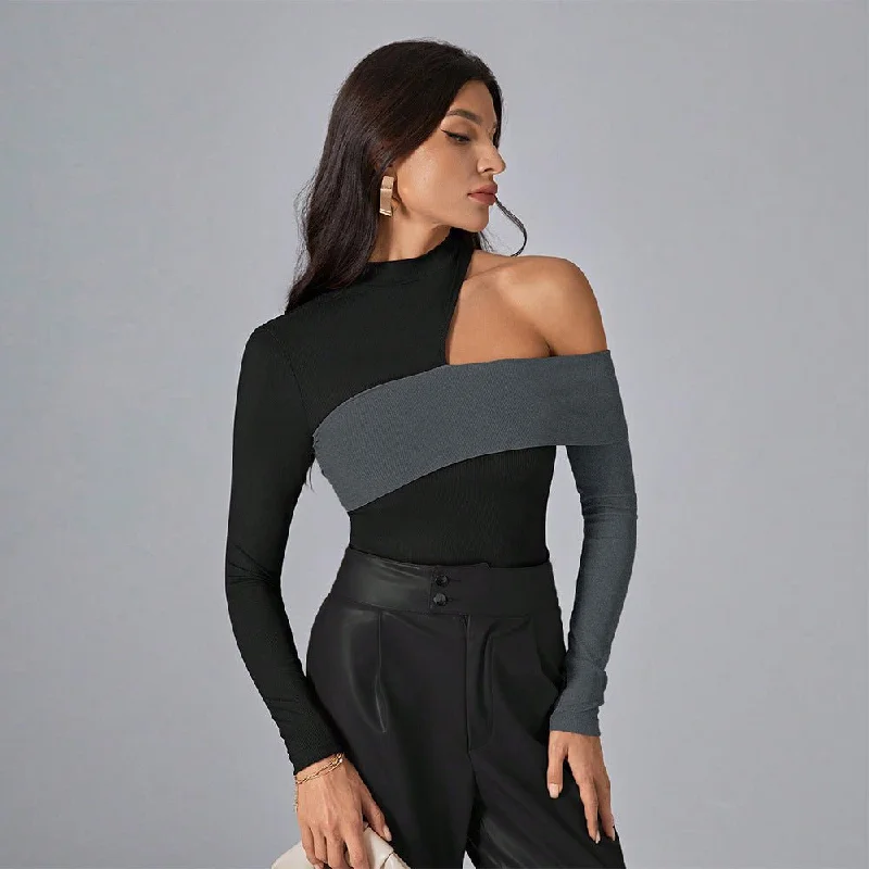Women's Trendy top Irregular Design – Black Slim Fit Pullover with Long Sleeves Boxy Neck Sweater Women's Trendy top Irregular Design – Black Slim Fit Pullover with Long Sleeves Boxy Neck Sweater