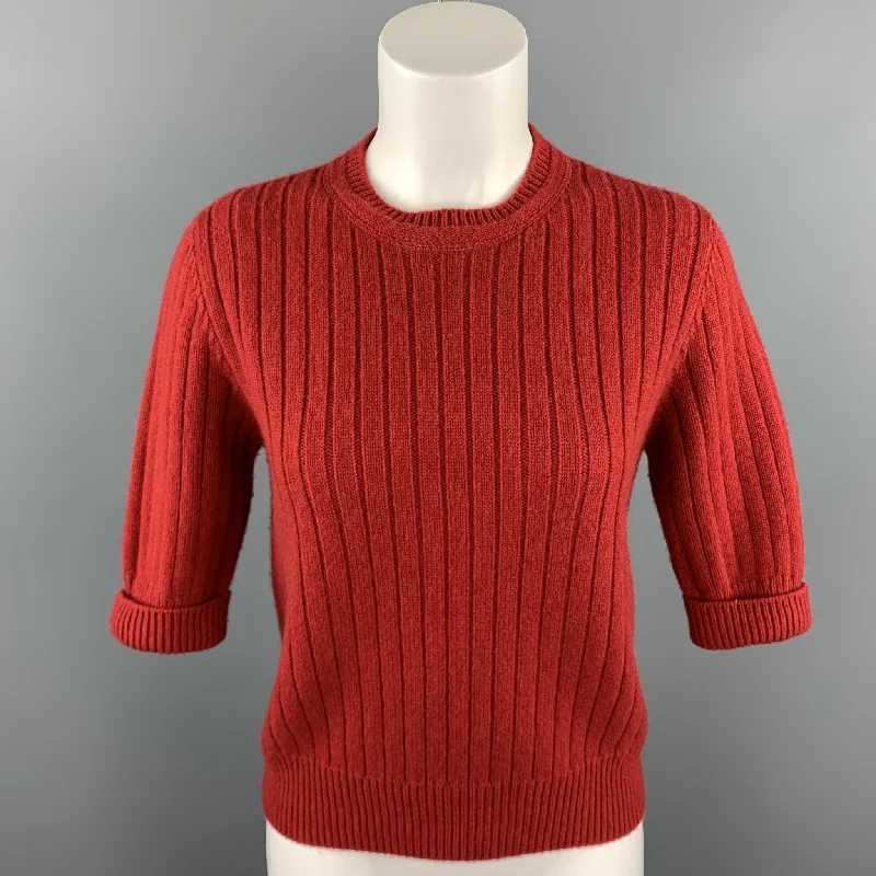BOTTEGA VENETA Size M Red Knitted Cashmere / Wool Short Sleeve Pullover Port Neck Pullover