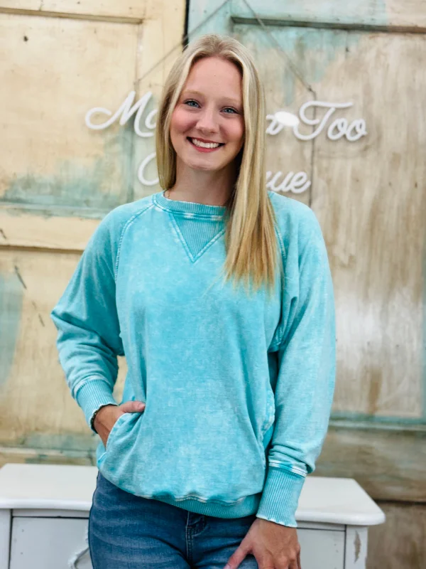 Turquoise French Terry Acid Wash Pullover Turtleneck Warm Pullover