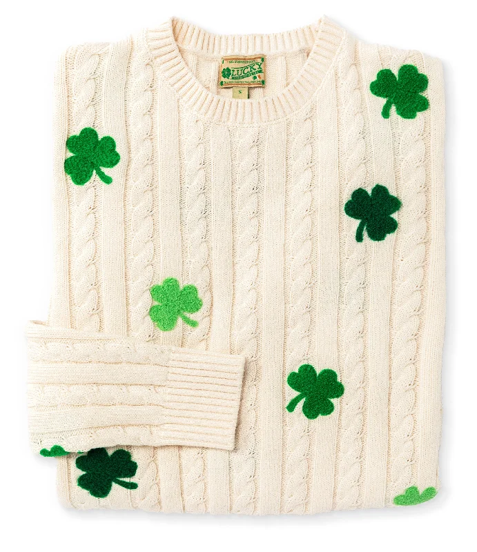 Shamrock Cable Knit Sweater- Women's Front Pockets Side Pockets Patch Pockets