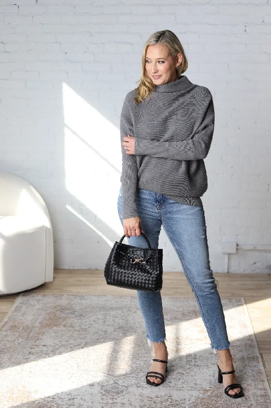 Felicia Slouch Neck Dolman Pullover - Dk Grey Crew Neck Wool