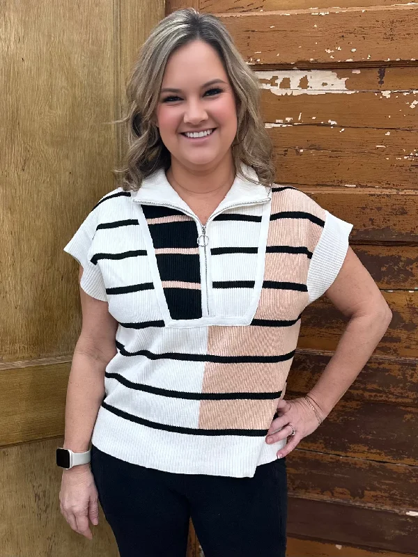 Stripe Colorblock Short Sleeve Sweater Top Sweater Knitwear Pullover