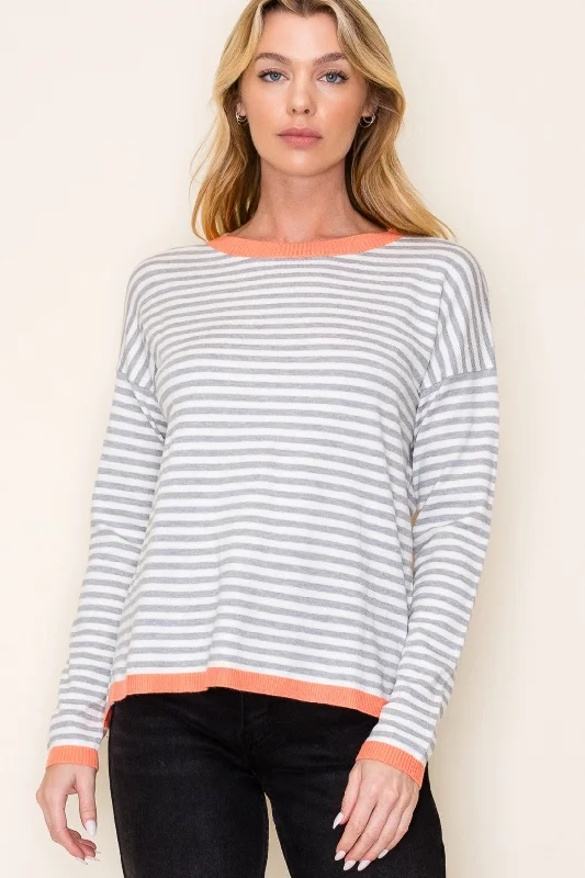 HEATHER GREY/CORAL STRIPED LONG SLEEVE CREW NECK PULLOVER SWEATER Surplice Neck Pullover