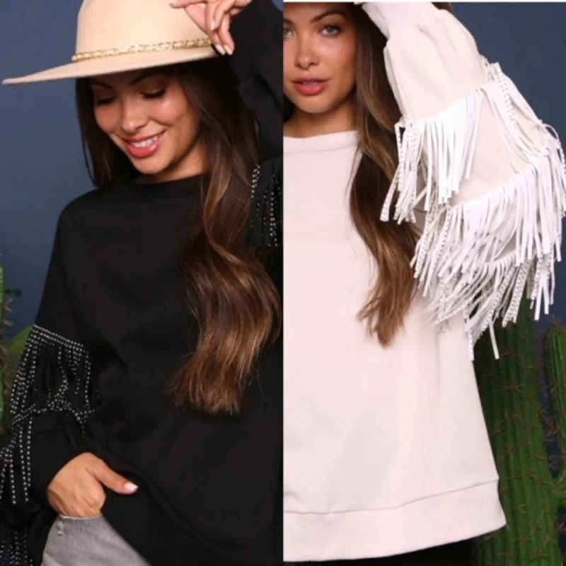 Women's Solid Fringe Sleeve Sweater Lightweight Heavyweight Midweight
