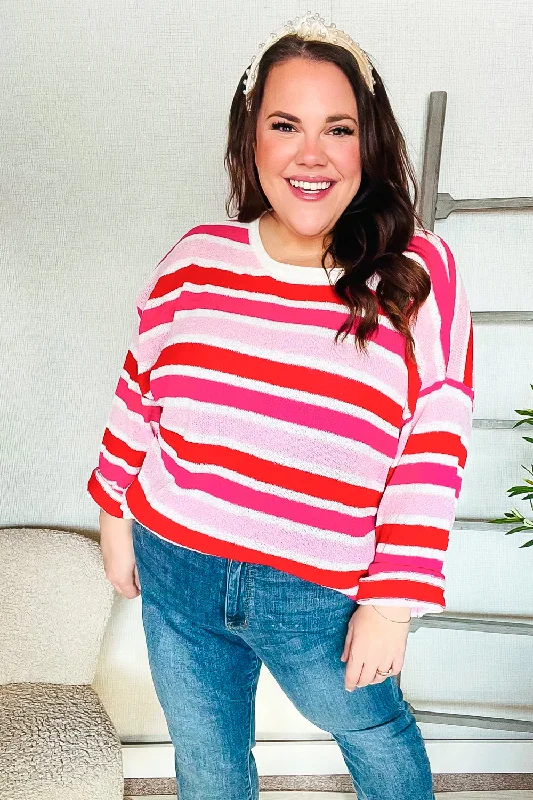 Follow Me Red/Pink Loose Knit Stripe Ribbed Pullover Boyleg Sleeve Pullover