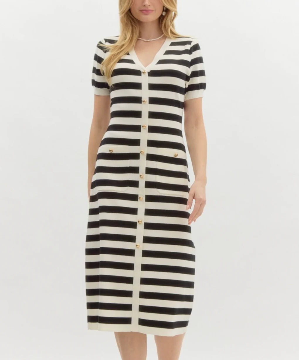 Striped Short Sleeve Sweater Knit Midi Pullover Dress One Shoulder Top