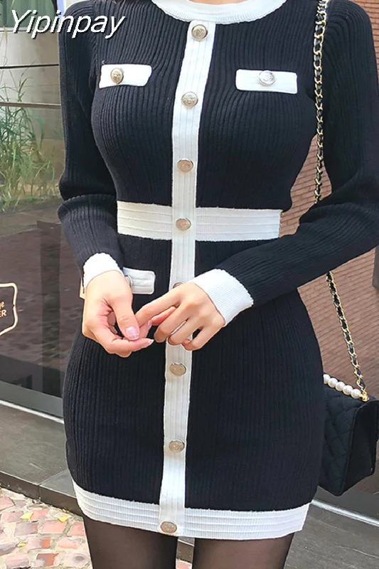 Yipinpay Bodycon Long Sleeve Dress Fall 2023 Mini Sweater Vintage Black Office Korean Short Elegant Invierno Mujer Moda Feminina Elegant Classic Vintage