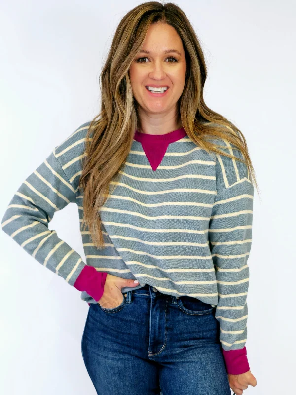 OVERSIZED STRIPED COLOR CONTRAST PULLOVER SWEATER - SLATE Fleece Warm Pullover