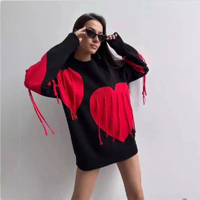 Love Pattern Round Neck Pullover Sweater Keyhole Neck Pullover