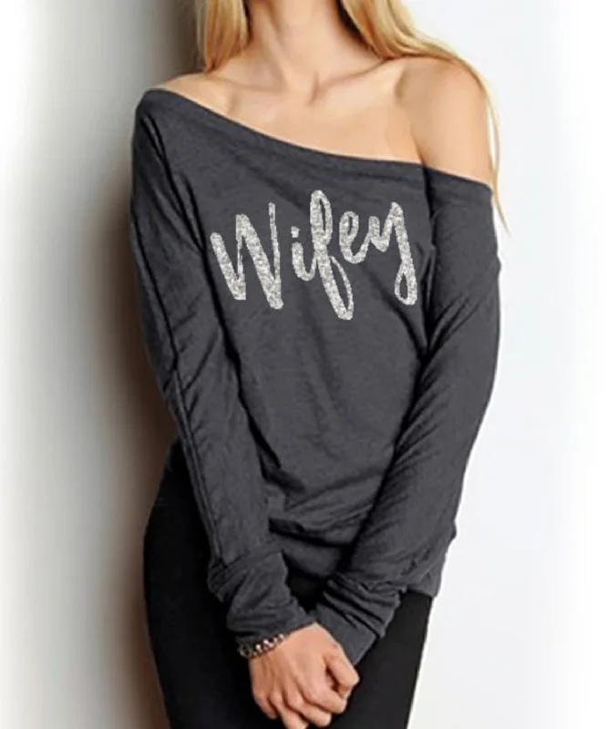 WIFEY Silver Glitter Off-Shoulder Sweater Embroidered Appliqued Beaded