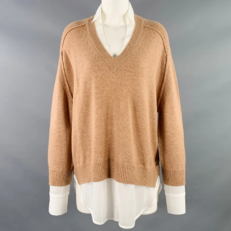 BROCHU WALKER Size M Camel White Wool Cashmere Knit Layered Pullover Cable Knit Chunky BROCHU WALKER Size M Camel White Wool Cashmere Knit Layered Pullover Cable Knit Chunky
