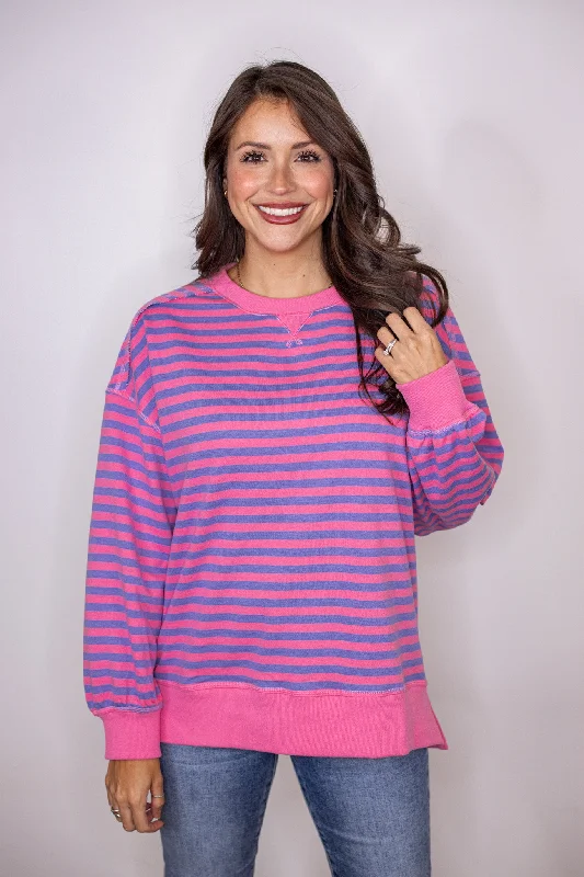 Striped Charm Pink Knit Pullover Short Puff Sleeve