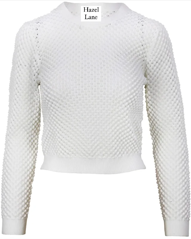 Taryn LS Knit Sweater Top- White Herringbone Houndstooth Plaid