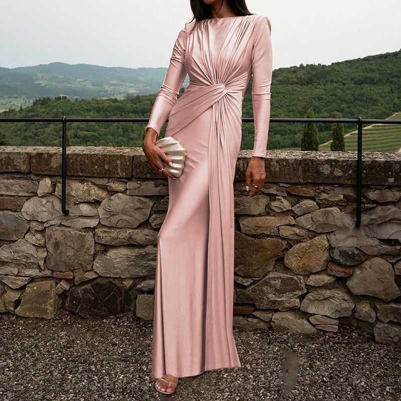 Cinessd Elegant O Collar Twist Up Prom Gown Autumn New Long Sleeve Solid Pullover Dress Fashion Banquet Temperament Slim Evening Dresses Bell Sleeve Stylish Cinessd Elegant O Collar Twist Up Prom Gown Autumn New Long Sleeve Solid Pullover Dress Fashion Banquet Temperament Slim Evening Dresses Bell Sleeve Stylish