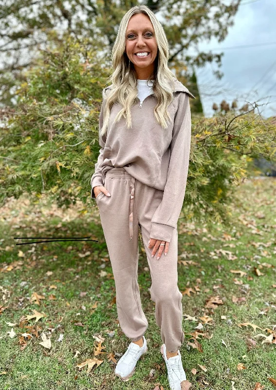 Cappuccino Quarter Zip Pullover and Jogger Set with Pockets Shawl Collar Sweater
