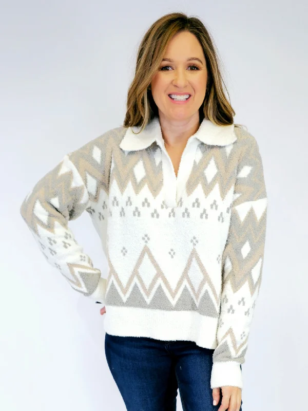 TRIBAL COLLAR PULLOVER SWEATER - BEIGE Asymmetrical Hem Sweater