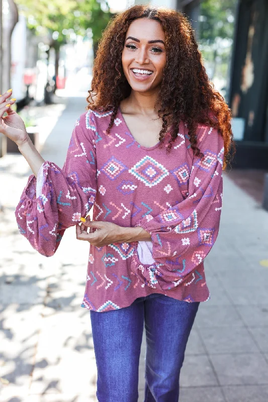 Boho Vibes Elastic Long Sleeve Aztec Print V Neck Pullover Chenille Soft Sweater