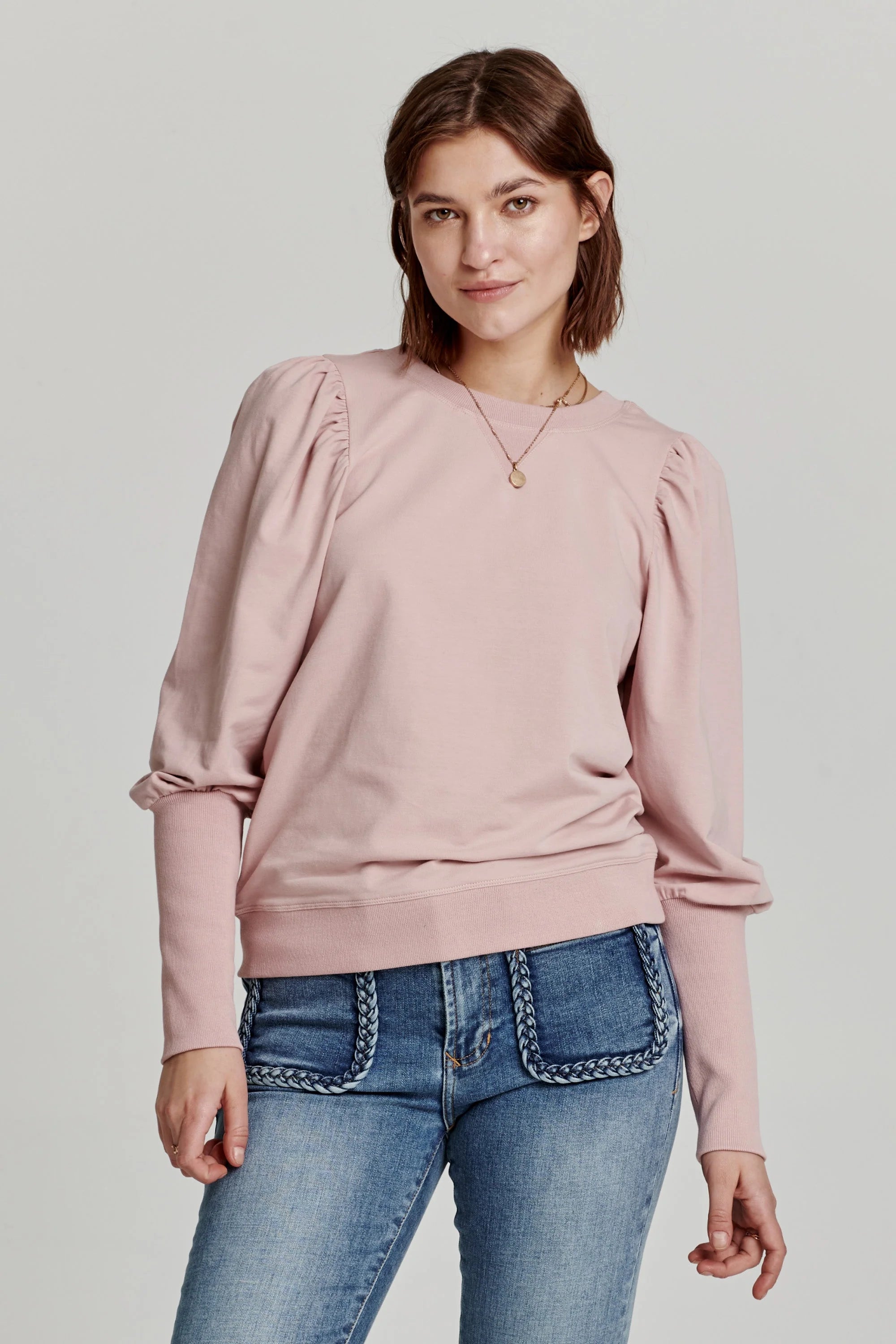 Tara Long Sleeve Puff Sweater Solid Print Embellished