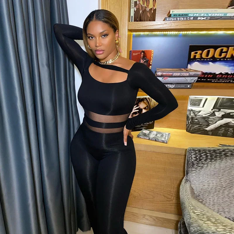 Women's Solid Color Leaky Long-sleeved Tight Casual Trousers Jumpsuit Trousers sophisticated sleek