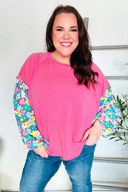 Lock Eyes Pink & Floral Bubble Sleeve French Terry Pullover Bolero Style Sweater