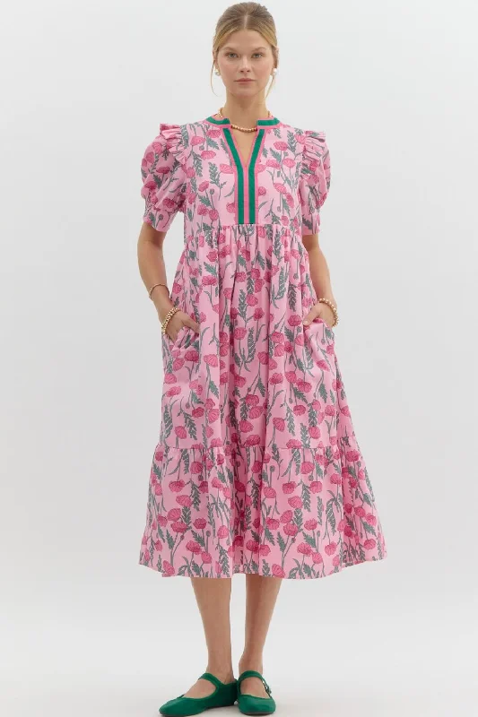Floral Print Pullover Midi Tiered Dress Long Bell Sleeve