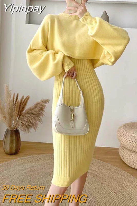 Yipinpay Winter Sweater Dress Two Piece Women Fashion New Office Ladies Sets Knitted Pullover Sweater + Vest Dress Short Sleeve Top Yipinpay Winter Sweater Dress Two Piece Women Fashion New Office Ladies Sets Knitted Pullover Sweater + Vest Dress Short Sleeve Top
