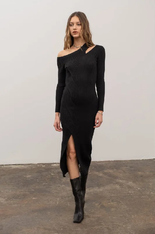Asymmetrical Cutout Sweater Dress Polka Dot Checkered Tartan