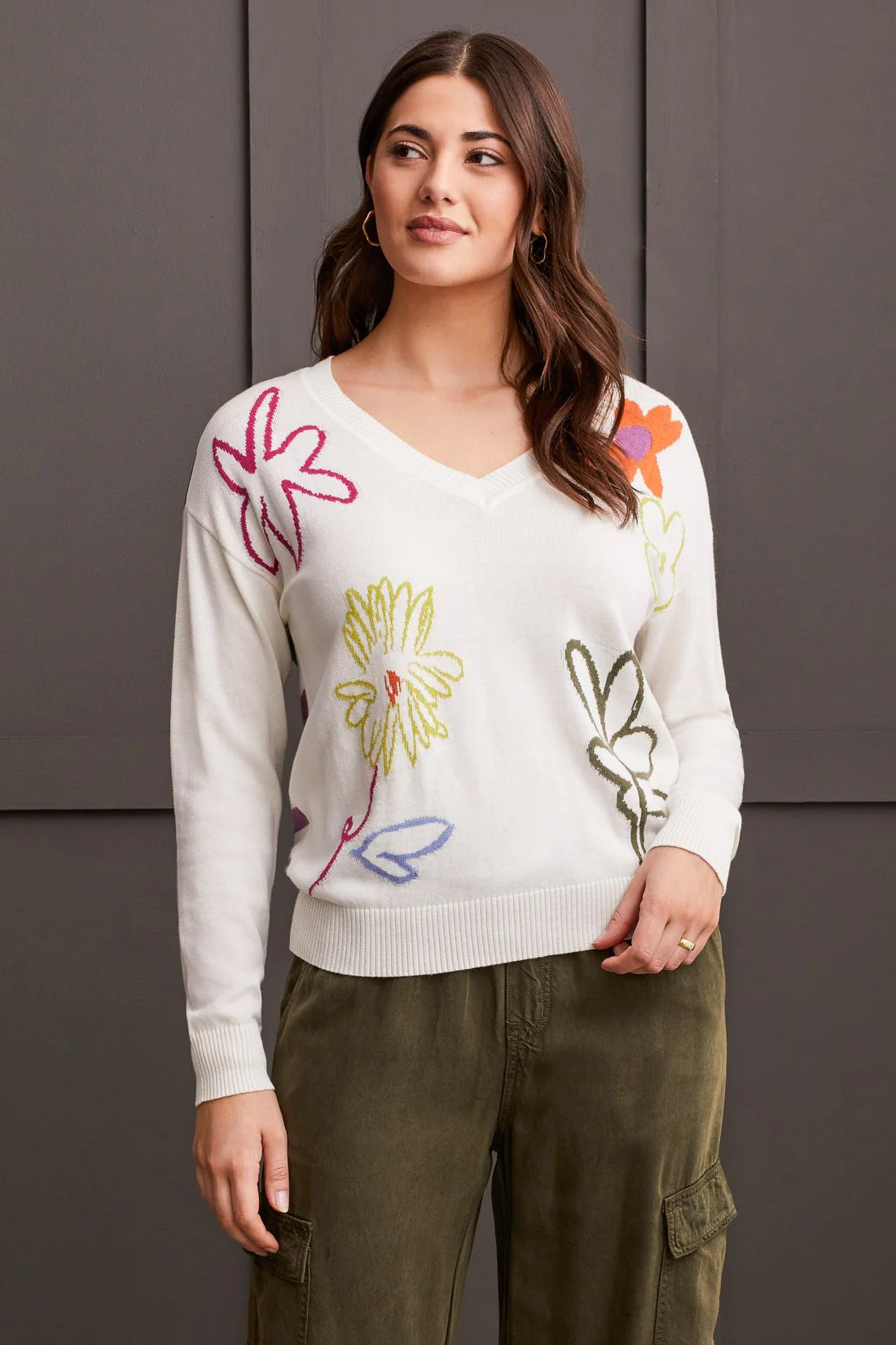 V Neck Drop Shoulder Jacquard Sweater [Eggshell Multi-5668O] Layered Multi-layer Single Layer